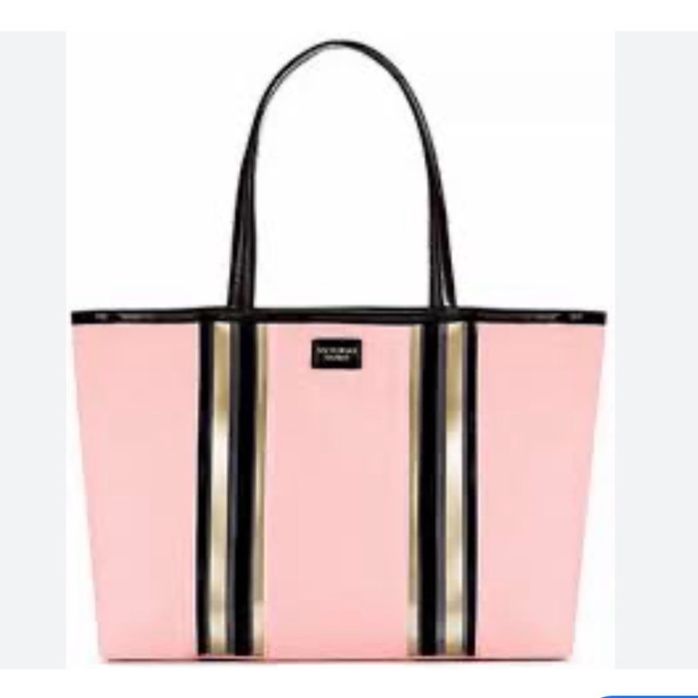 NWT Victoria’s Secret Tote travel blush pink, gold and black stripes 9x12 flat